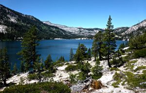 Echo Lake in Desolation Wilderness surrounded by trees and mountains