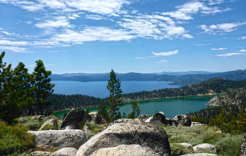 Granite boulders, Marlette Lake, and Lake Tahoe