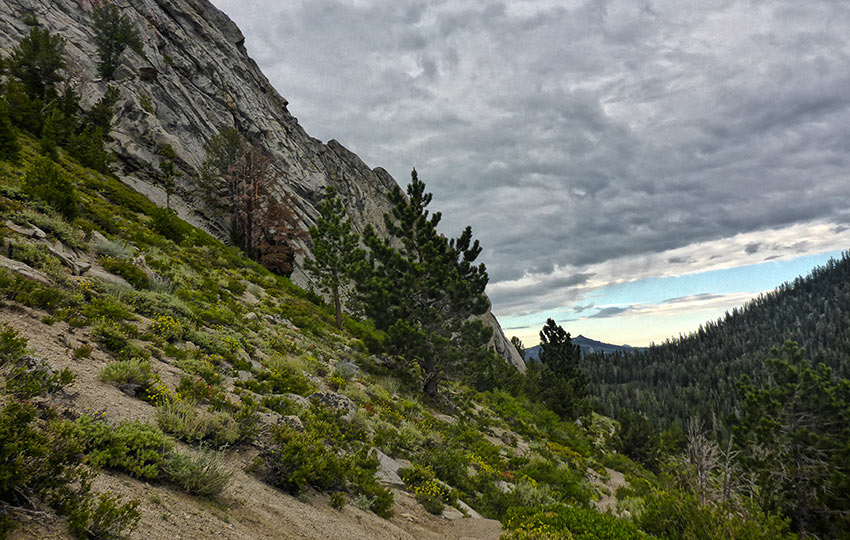 Stormy clouds overhead while hiking through Armstrong Pass