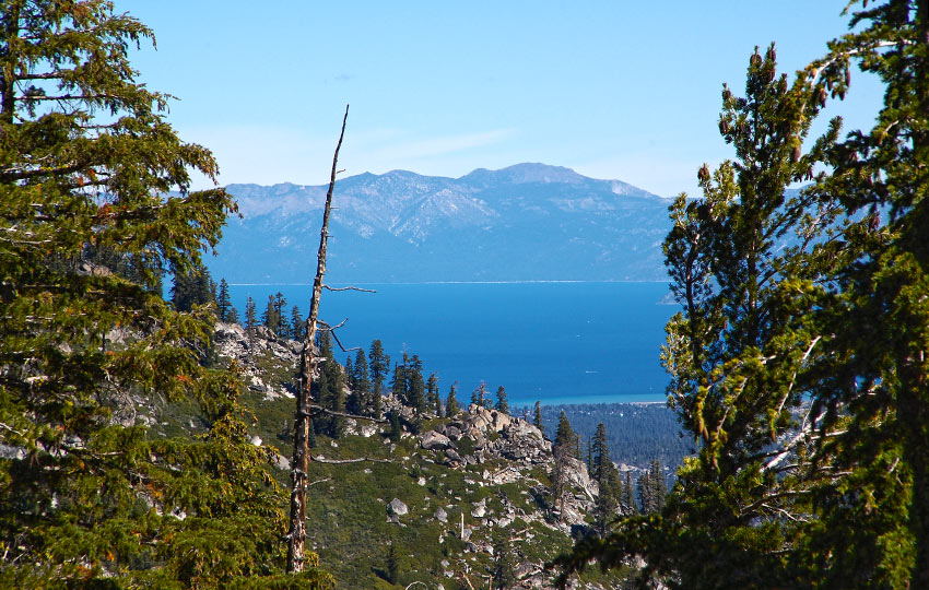Lake Tahoe seen through the forest and mountains
