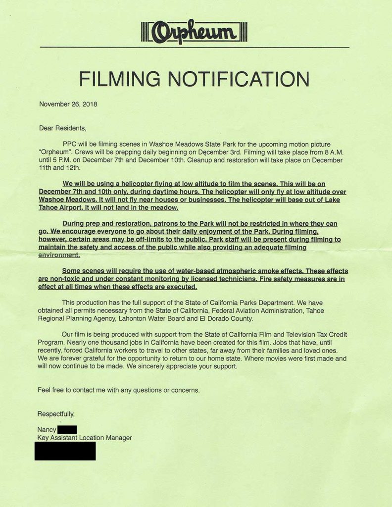 Lake Tahoe filming notification for Top Gun: Maverick