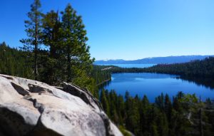 Cascade Lake and Lake Tahoe surrounded by trees