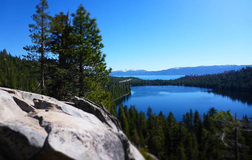 Cascade Lake and Lake Tahoe surrounded by trees