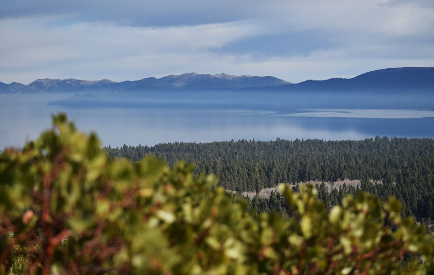 Steam rising off of Lake Tahoe with shrubs in the foreground and mountain range in the distance