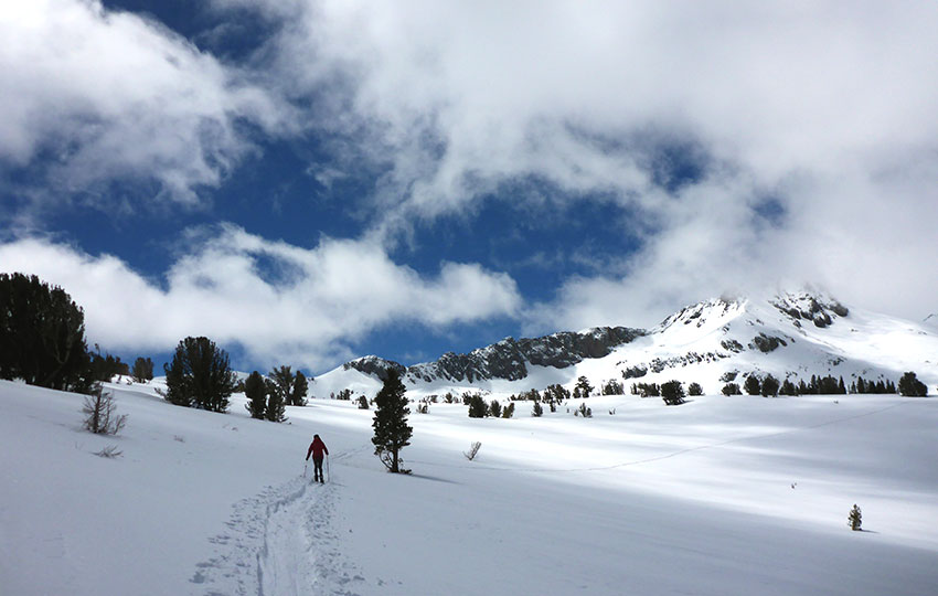 Cross-country skiing on tracks that lead to a snowy mountain with dramatic clouds overhead