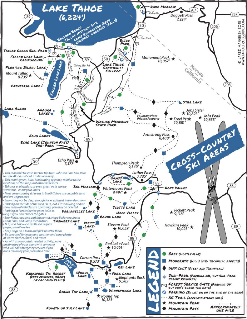 Map of general cross-country skiing areas in South Lake Tahoe