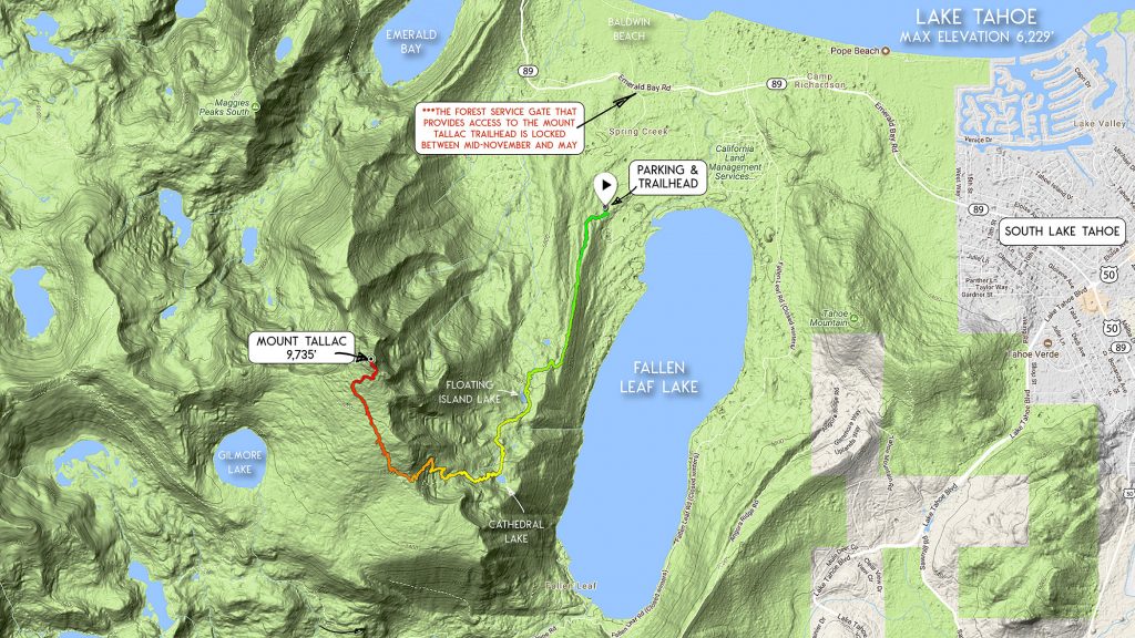 Map showing the route to hike up Mount Tallac from the Mount Tallac Trailhead