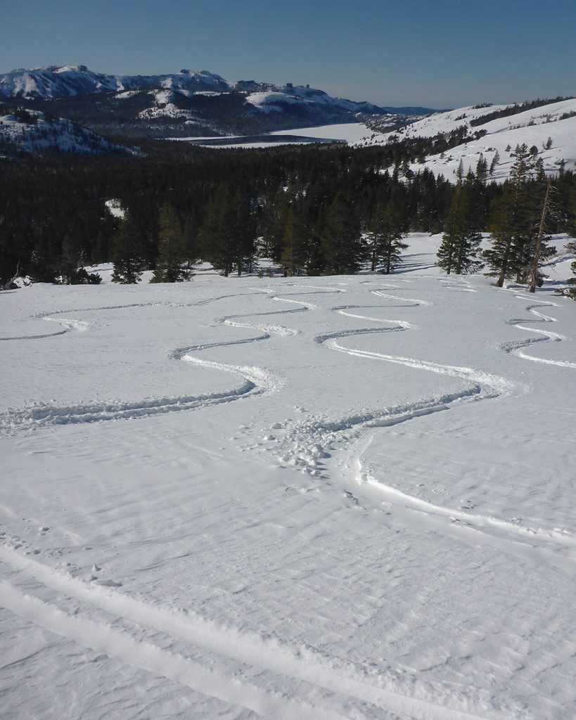 Snowy mountains with carved skiing lines in the snow