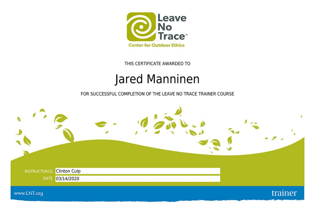Leave No Trace Trainer Certification for Jared Manninen