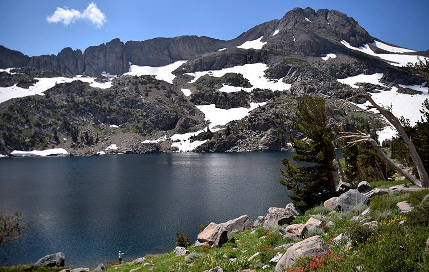 Alpine lake with mountains and snow in the background