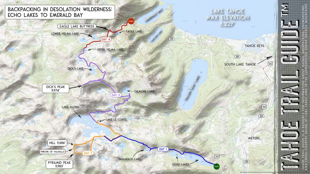 Map for backpacking in Desolation Wilderness at Lake Tahoe