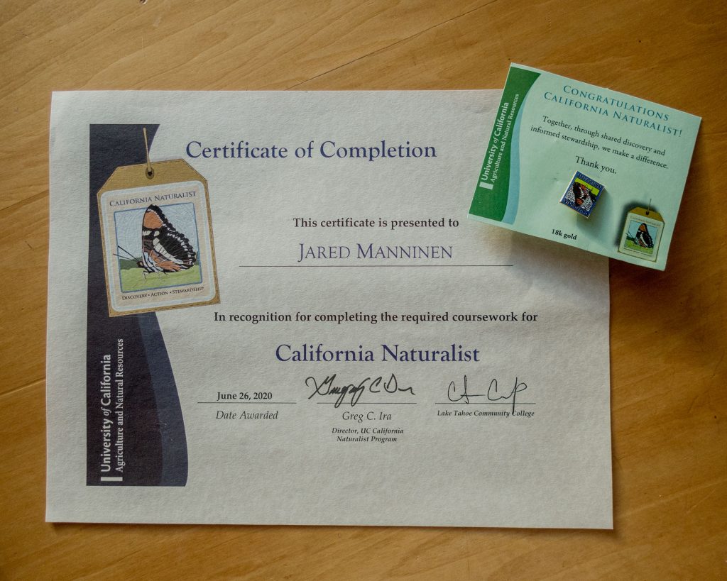 California Naturalist Certificate and Pin of Completion