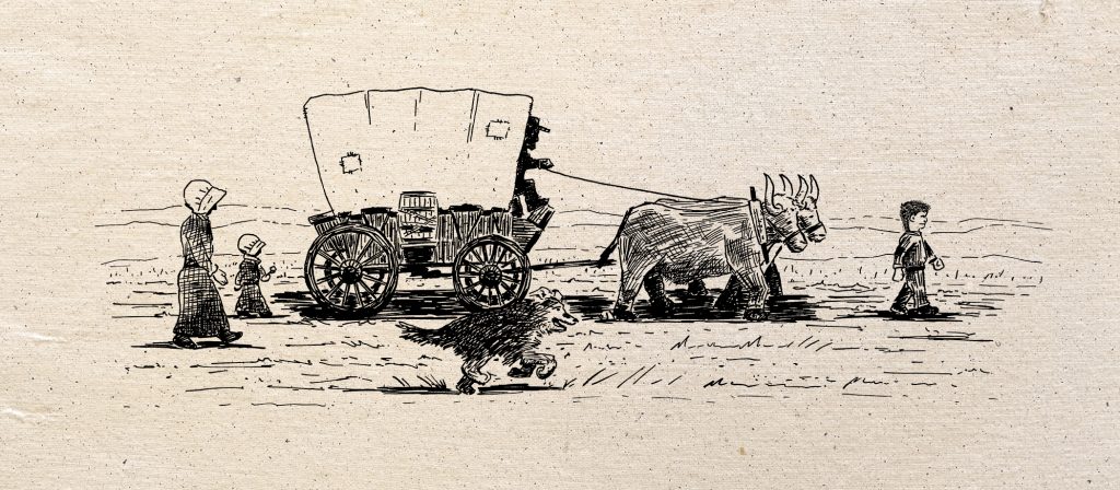 Pen drawing of a covered wagon with oxen and a pioneer family