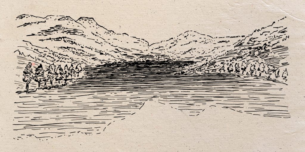 Pen drawing of Donner Pass and Donner Lake