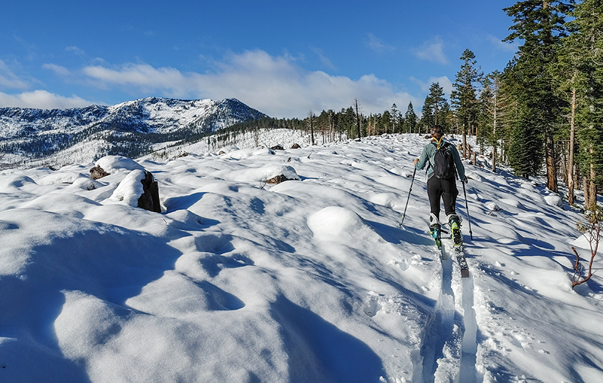 Puffy snow on boulders and bushes with a mountain range and blue skies in the background